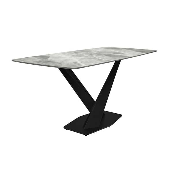 Voren Modern Light Grey 55 in. Rectangular Sintered Stone Wide Top and Black Steel Pedestal Base Dining Table Seats 6