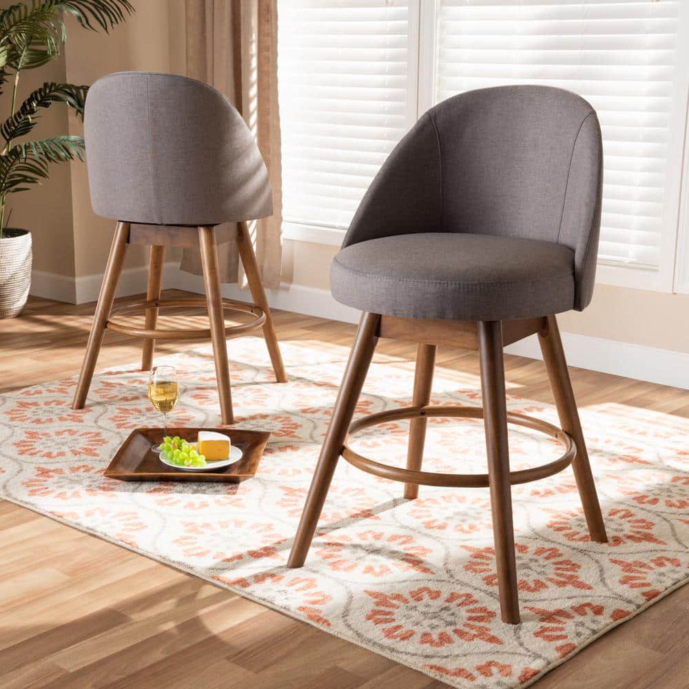 Gray Fabric Upholstered Walnut Wood Swivel Counter Stools, Set of 2