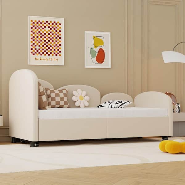 Modern Beige Velvet Upholstered Wood Frame Twin Platform Bed with Storage