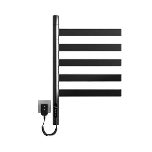 Rotary 5-Bar Wall-Mounted Plug-in Electric Towel Warmer with Smart Touch Screen and 180° Swivel Design in Black