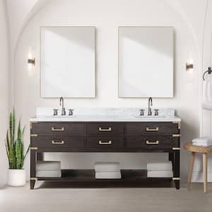 Irvington 72 in W x 22 in D Brown Oak Double Bath Vanity, Carrara Marble Top, Faucet Set, and 34 in Mirrors