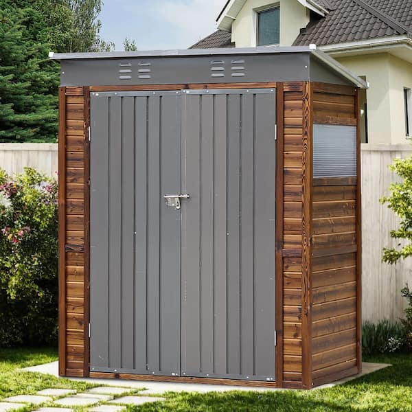3 ft. W x 5 ft. D Outdoor Metal-Wood Garden Shed, Utility Tool House with Double-hinged Iron Doors, Gray (15 sq. ft. )