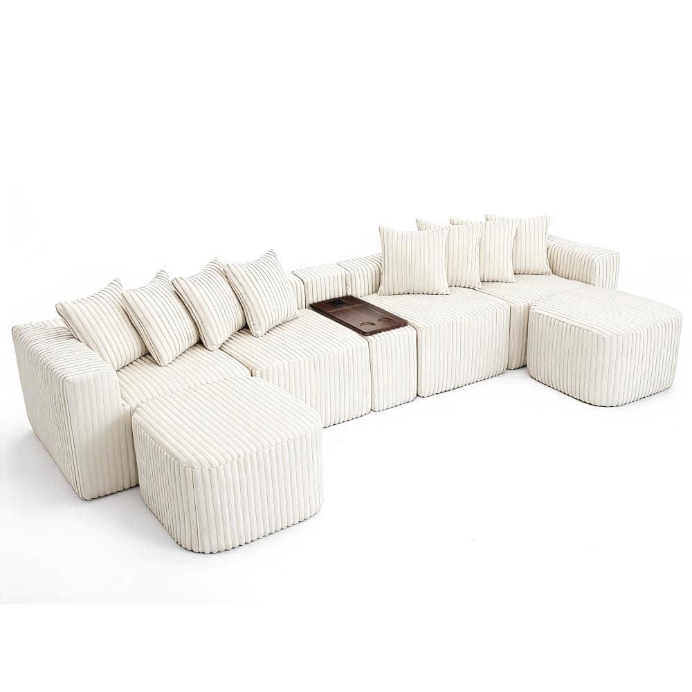 137.5 in. Beige Corduroy U-Shaped Modular Sofa with USB & Wireless Charge, 6 Seats, No Assembly Sofa Bed