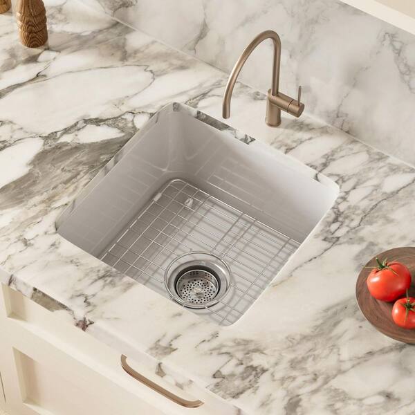 Los Flexi 18 in. White Undermount Kitchen Sink, Dual Mount Square Fireclay Sink, Deep Single Bowl with Grid and Drain Strainer