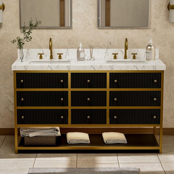 Solidoak 60 in. W x 22 in. D x 35.4 in. H Double Sink Bath Vanity in Black with White Engineered Marble Top
