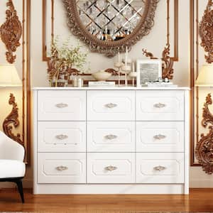 White 9-Drawer 47.3 in. Width Wooden Chest of Drawers, Dresser without Mirror with Metal Rose Handles Design