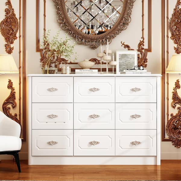 FUFU&GAGA White 9-Drawer 47.3 in. Width Wooden Chest of Drawers, Dresser without Mirror with Metal Rose Handles Design
