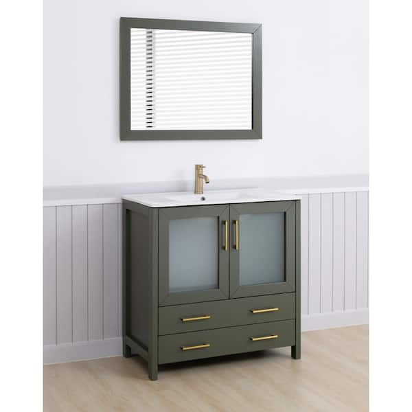 36 in. W x 18 in. D x 36 in. H Vintage Green Bath Vanity with White Ceramic Top and Mirror