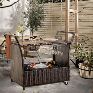 Outdoor Wicker Serving Bar Cart with Lockable Wheels and Ice Bucket, Glass Top, Wine Glass Holder
