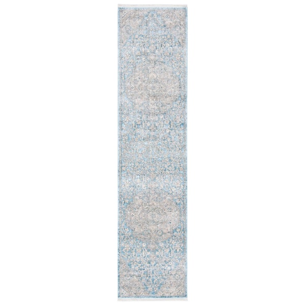 Dream 2 ft. x 8 ft. Blue/Gray Border Distressed Runner Rug