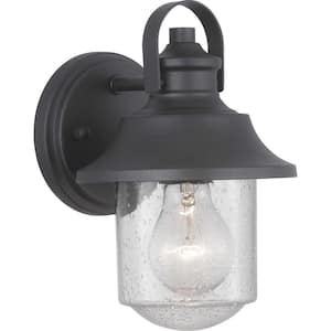 Weldon Collection 1-Light Textured Black Clear Seeded Glass Farmhouse Outdoor Small Wall Lantern Light