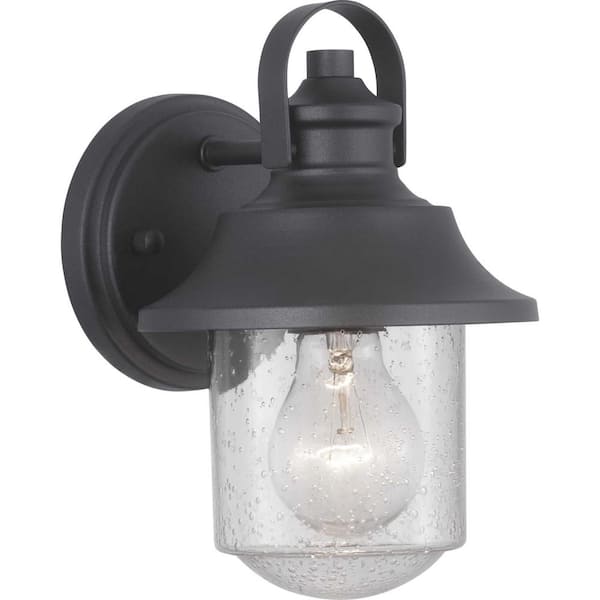 Progress Lighting Weldon Collection 1-Light Textured Black Clear Seeded Glass Farmhouse Outdoor Small Wall Lantern Light