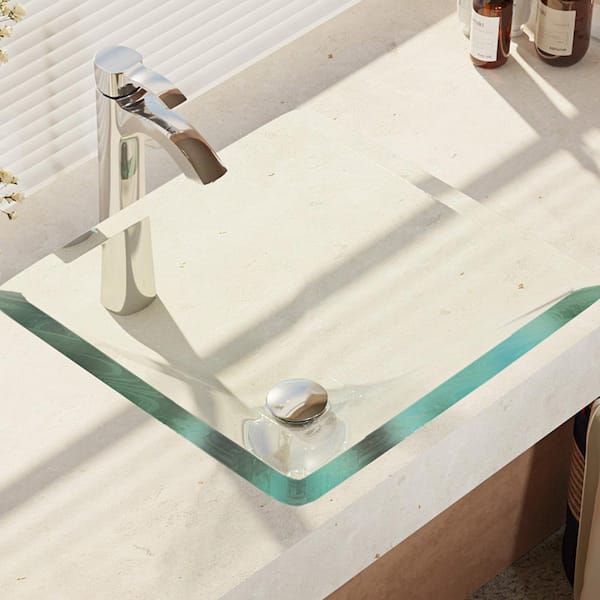 Rene Glass Vessel Sink in Crystal with R9-7006 Faucet and Pop-Up Drain in Chrome