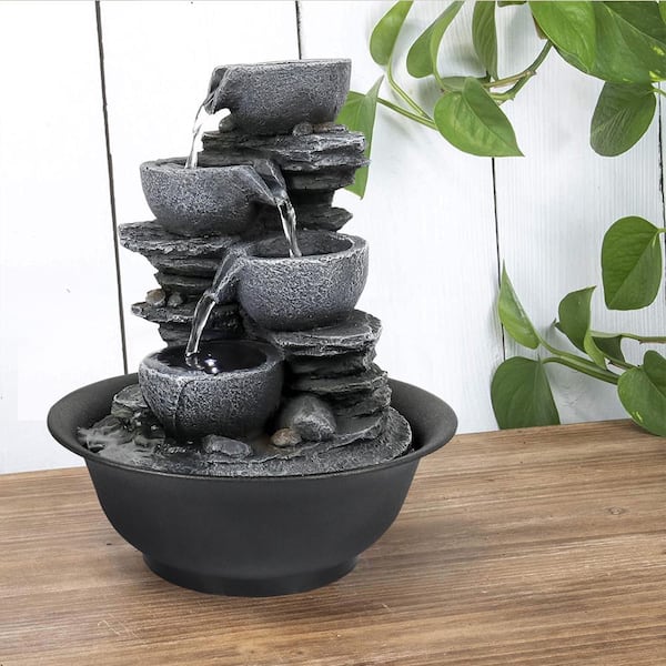 Indoor Tabletop Fountain Contemporary Cascading Bowls Water Feature with LED Lights 