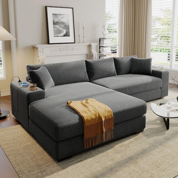 111.5 in. Square Arm L-Shape Corduroy Sectional Sofa in Gray with USB Charging Ports, Cup Holders