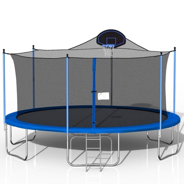 Miscool Anky 16 ft. Blue Metal Trampolines with Basketball Hoop, Ladder and Safety Enclosure Net, Double-Sided Cover