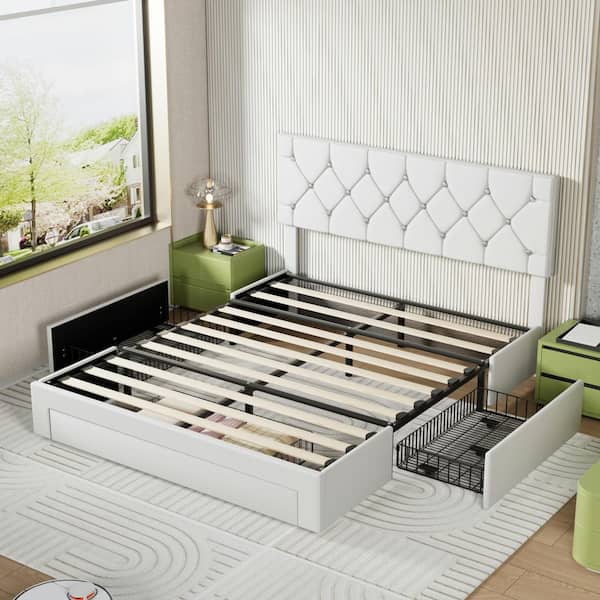 ベッドフレーム BED + MATTRESS with storage - 160x200 cm VECELO Queen Bed Frame with 4 Storage Drawers, Beige