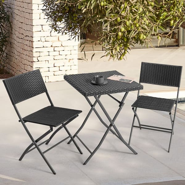 Black 3-Piece Metal and PP Rattan Square Outdoor Bistro Set with Folding Design