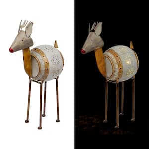 33 in. Tall Weathered Barrel Reindeer With Warm White LED Lights