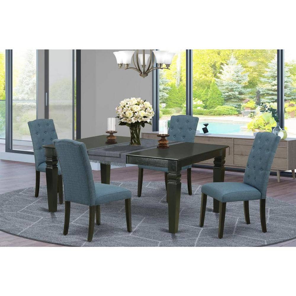 5-Piece Rectangle Black Finish Solid Wood Top Dining Table with 4 Parson Chair with Butterfly Leaf Lattice Back