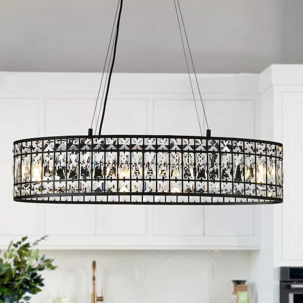 Cristallo 31.5 in. Modern 4-Light Black Island Chandelier with Glam Crystal Oval Shade, LED Compatible