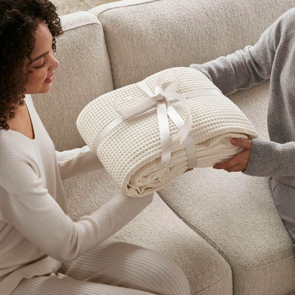 Madison Park Waffle Weave Ivory Cotton Full/Queen Woven Blanket
