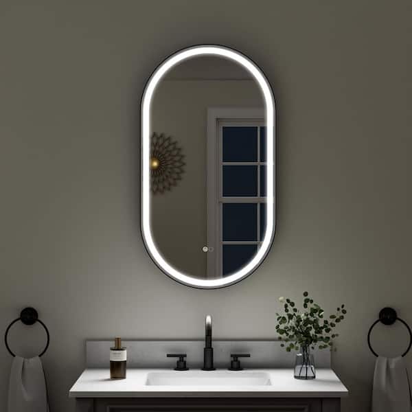 20 in. W x 36 in. H Oval Framed LED Dimmable Anti-Fog Wall Bathroom Vanity Mirror in Matte Black, IP54