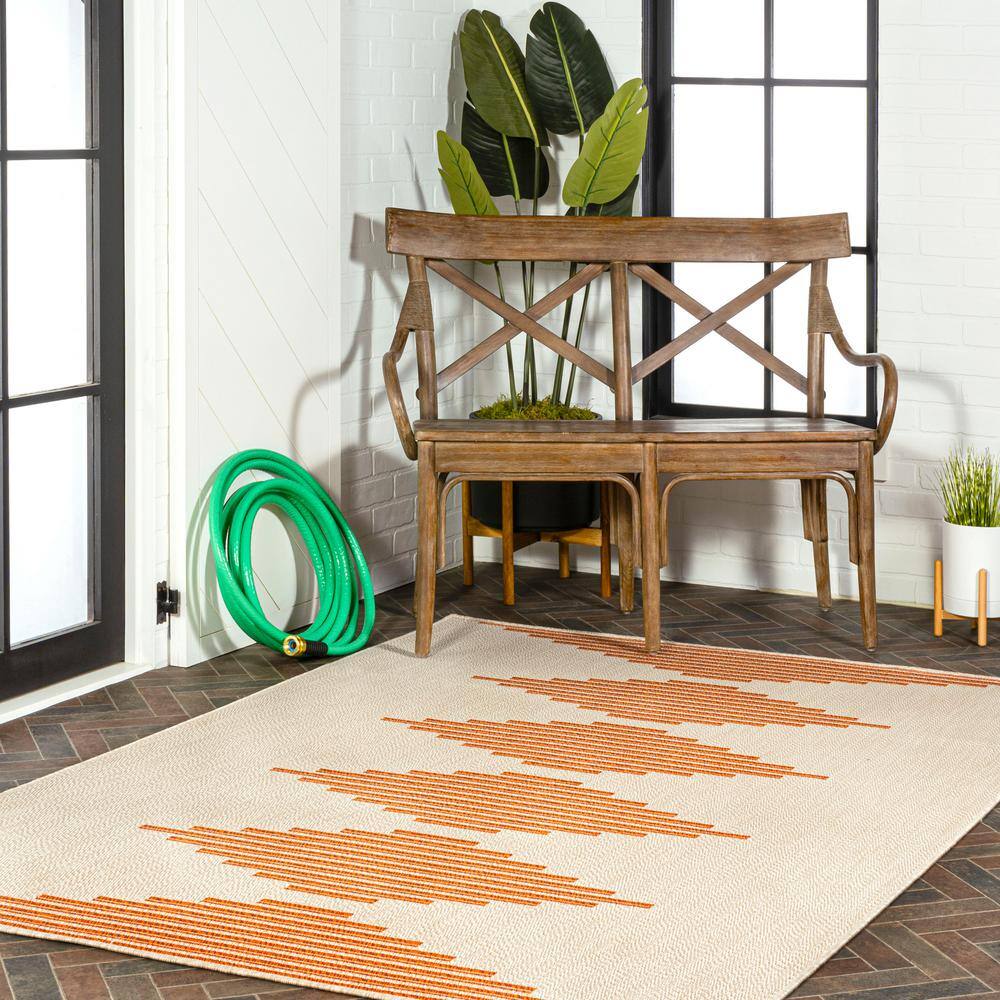 Beige and Orange Striped Synthetic Indoor/Outdoor Rug