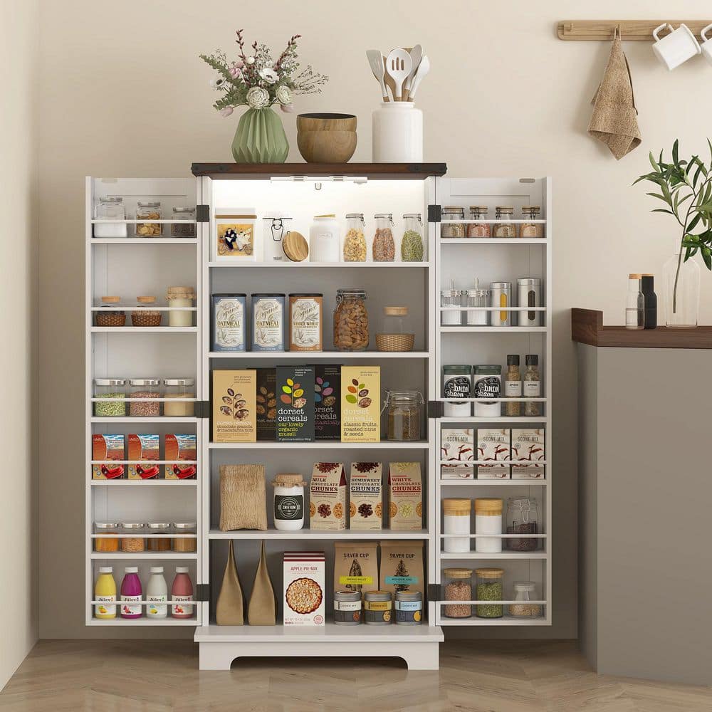 White Farmhouse Kitchen Pantry Cabinet with LED Light and Adjustable Shelves