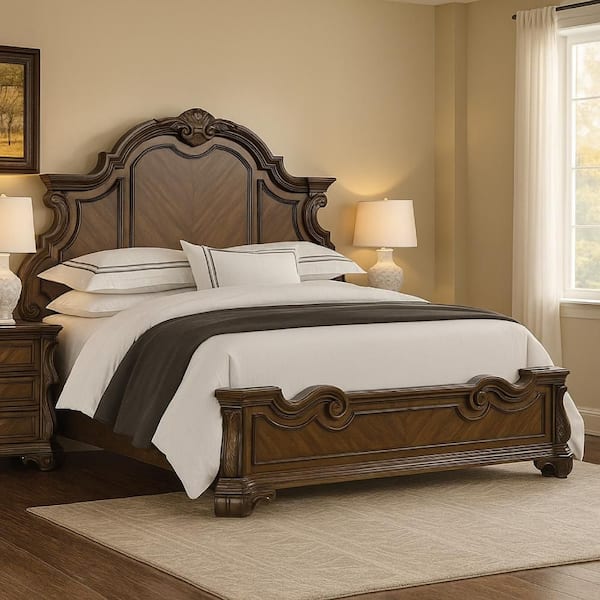 Leova Brown Wood Frame King Panel Bed with Transitional Panel Design