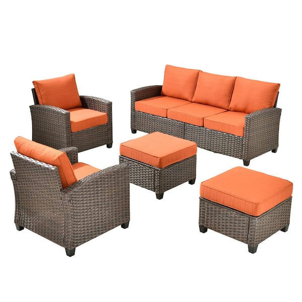 Marcia 5-Piece Wicker Modern Outdoor Patio Conversation Sofa Seating Set with Orange Red Cushions