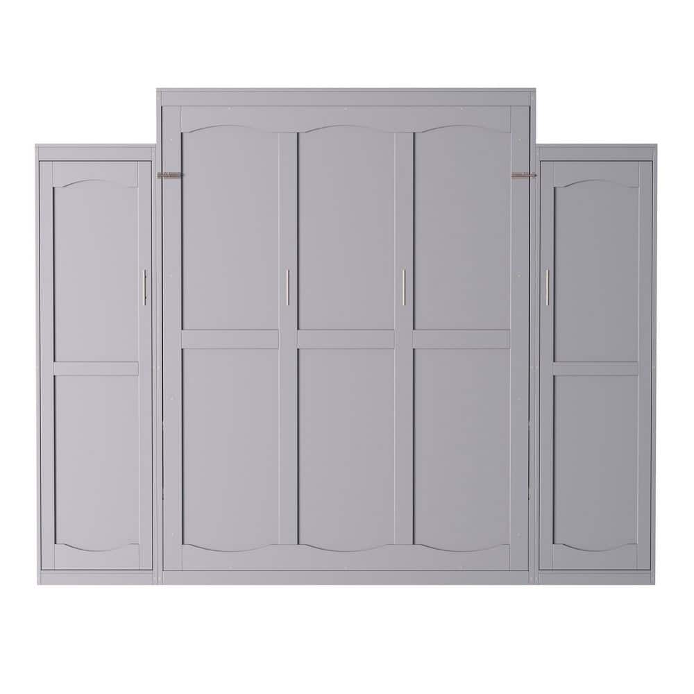 Gray Wood Frame Queen Size Murphy Bed Wall Bed with Wardrobes, Storage Shelves - thumbnail 7