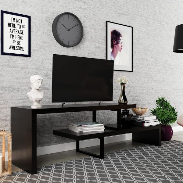 Orford Mid-Century Modern TV Stand with MDF Shelves and Powder Coated Iron Legs, Ebony