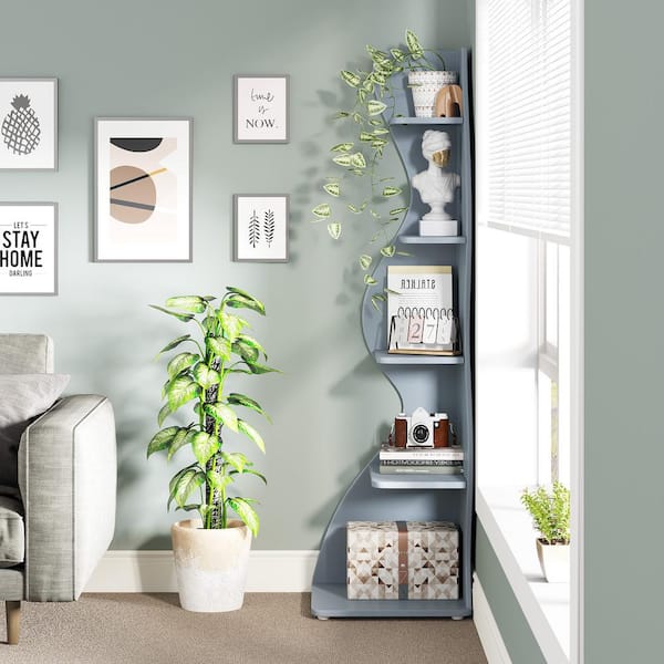 BYBLIGHT Eulas 69.8 in. Tall Blue Engineered Wood 5-Shelf Standard Bookcase Corner Shelf with Storage