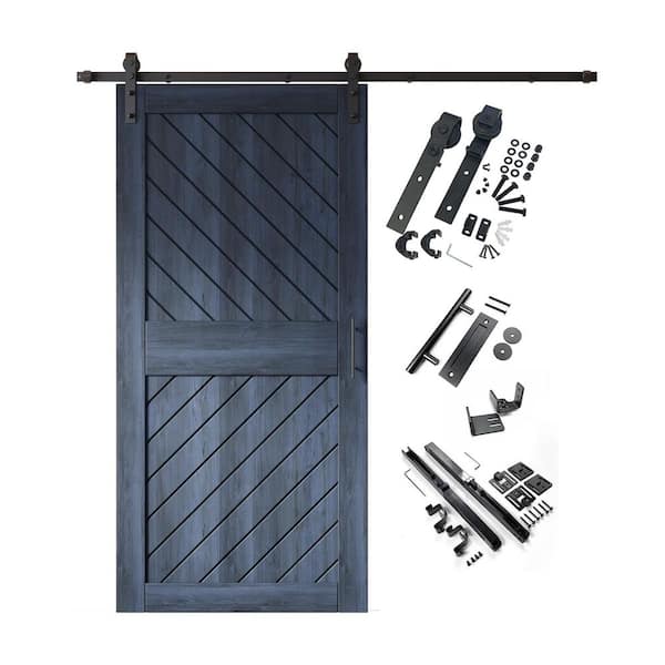 HOMACER XT4 32 in. x 84 in. C-Panel Navy Slanted Stripe Design Solid Pine Wood Sliding Barn Door with Hardware Kit