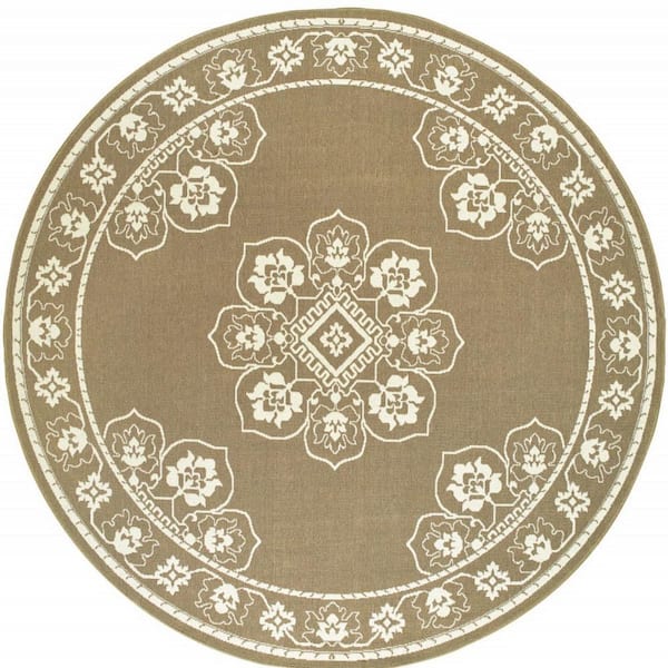 Tan 8 ft. x 8 ft. Loomed Oriental Polypropylene Round Indoor/Outdoor Area Rug