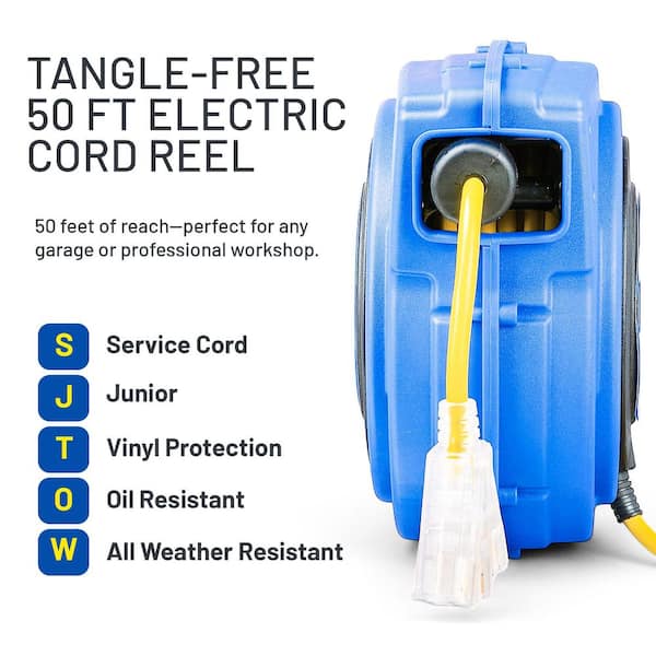 50 ft. 16/3 10 Amp Retractable Extension Cord Reel with 3-Grounded Outlets and Tri-Tap End