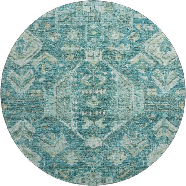 Mayfield Premium Machine Washable Abstract AMF2356 Turquoise 8 ft. x 8 ft. Round Rug