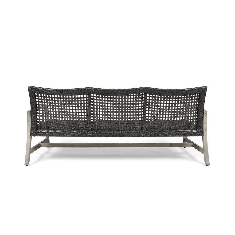 Marcia Light Gray Wood and Black Wicker Three-Seat Outdoor Sofa