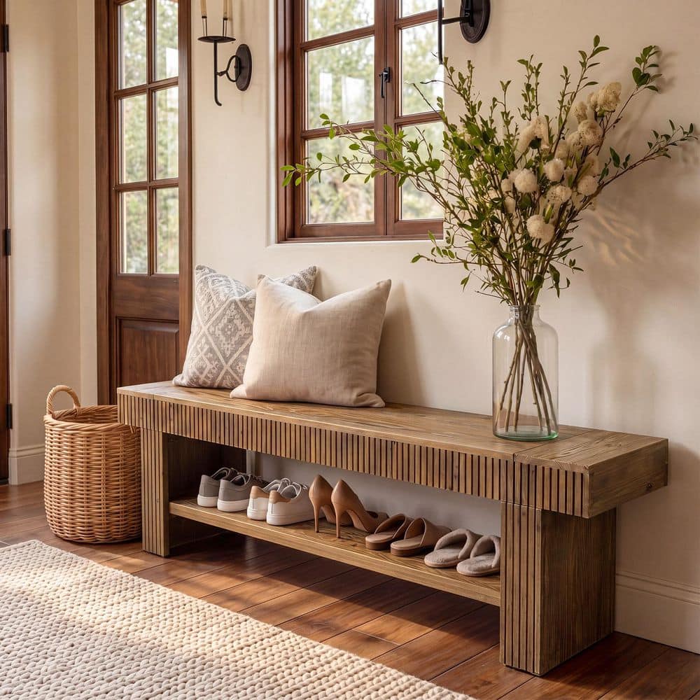 17.72 in. H x 71 in. W Brown Solid Wood Shoe Storage Bench with Open Storage Shelf, Rustic Entryway Bench for Hallway