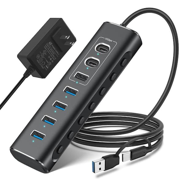 Lukyamzn 7-Port USB 3.2/USB-C Hub with 10 Gbps Speed, 2 USB-C 4 USB 3.0 Ports, Aluminum Design, Individual Switches
