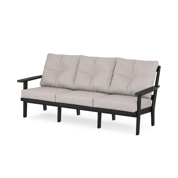 POLYWOOD Prairie Plastic Outdoor Deep Seating Couch in Black with Dune Burlap Cushions