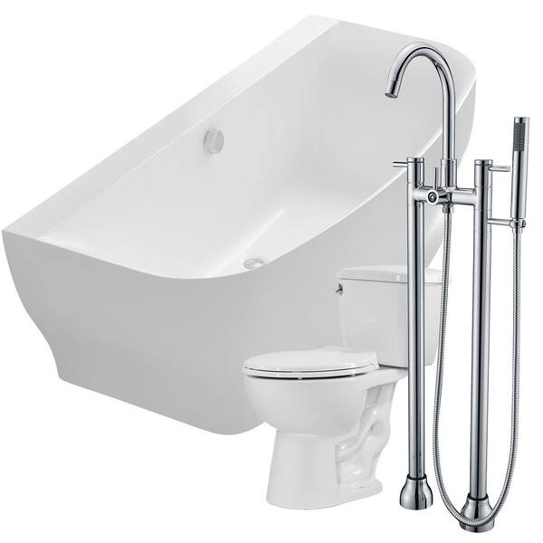ANZZI Bank 64.9 in. Acrylic Flatbottom Non-Whirlpool Bathtub with Sol Faucet and Author 1.28 GPF Toilet