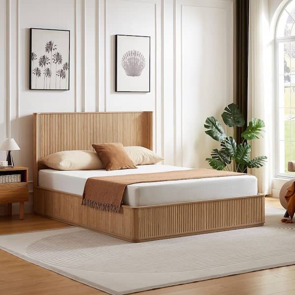 Pavo Modern Brown Natural Oak Finish Wood Frame Queen Size Platform Bed with Corrugated Wave Curved Headboard