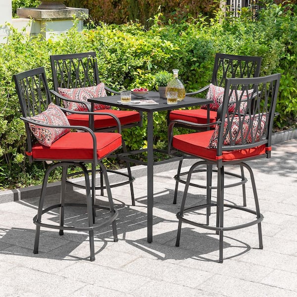 Black 5-Piece Metal Swivel Outdoor Bistro Bar Set with Red Cushions and Umbrella Hole, Square-to-Round Footrest Design
