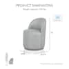 Close-up of a gray swivel chair dimensions and detail.