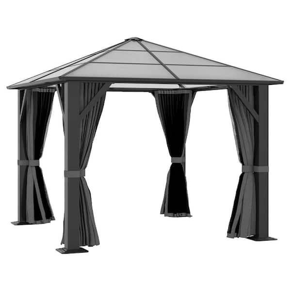 COVERONICS 10 ft. x 10 ft. Hardtop Gazebo Outdoor Polycarbonate Roof Steel Frame Gazebo with Netting and Curtains