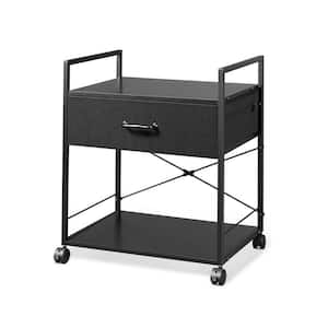 2-Tier Steel 4-Wheeled Printer Cart with Storage Drawer in Black