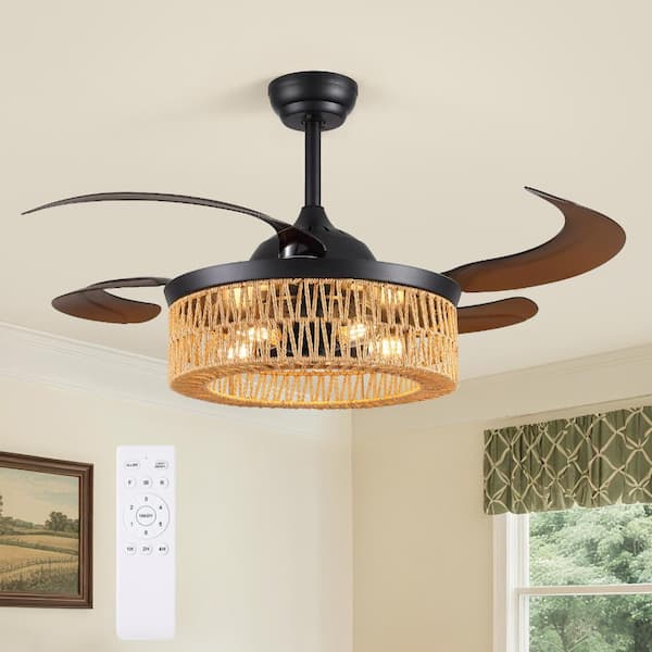 48 in. Indoor Boho Woven Cage Black Downrod Mount Bladeless  Chandelier Ceiling Fan with Remote and no Bulb Included