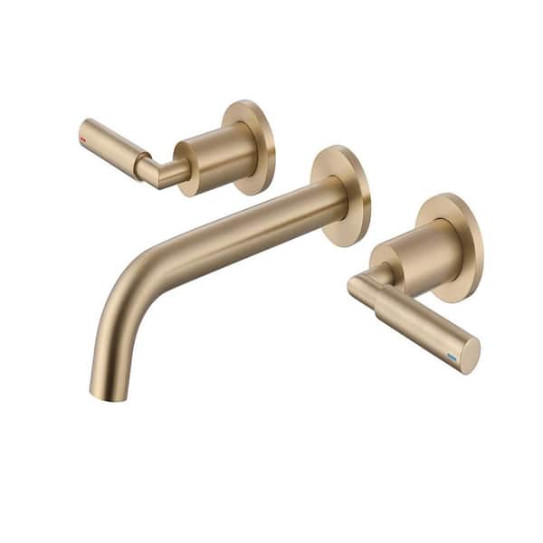 Double Handle 3-Hole Wall Mounted Faucet for Bathroom Sink or Bathtub in Brushed Gold with Pop-Up Drain